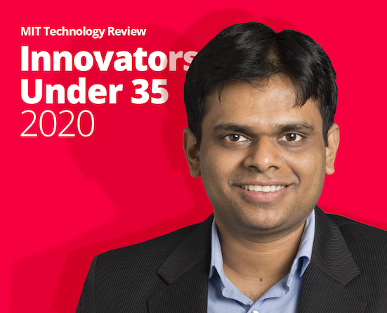 Professor Viswanathan's photo against a red background with the words Innovators Under 35