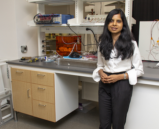 Professor Jayan stands against a work area in her laboratory in Scott Hall. 