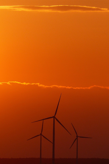 windmills against and orange sky